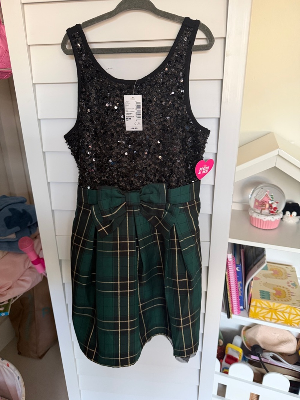 The Children's Place Black Sequin Top Green Plaid Bow Dress